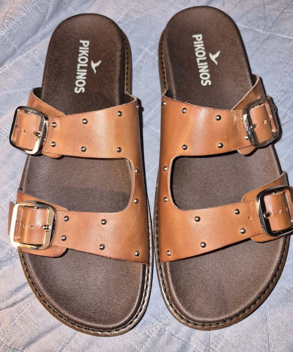 Pikolinos Aitana Leather Flat Sandals with Studs and Double Buckle Brandy Brown